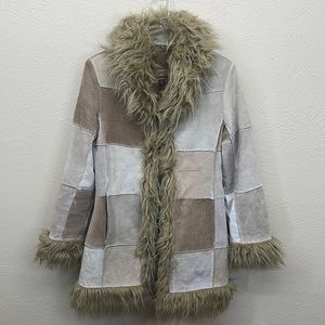 ESPRIT Outerwear Coat Vintage Penny Lane Fur Trim Patchwork Leather Womens Small